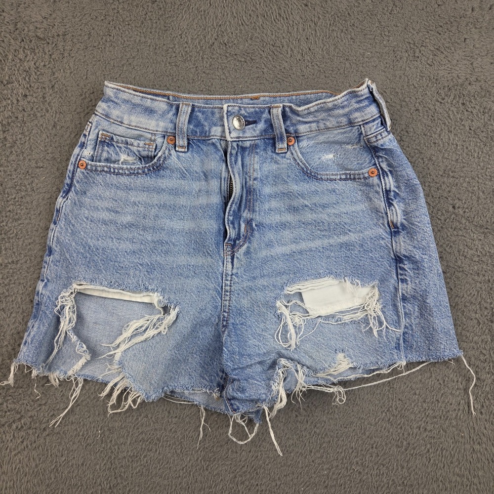 American Eagle Cutoff Shorts Women W0 Blue High Rise Distressed Stretch Mom